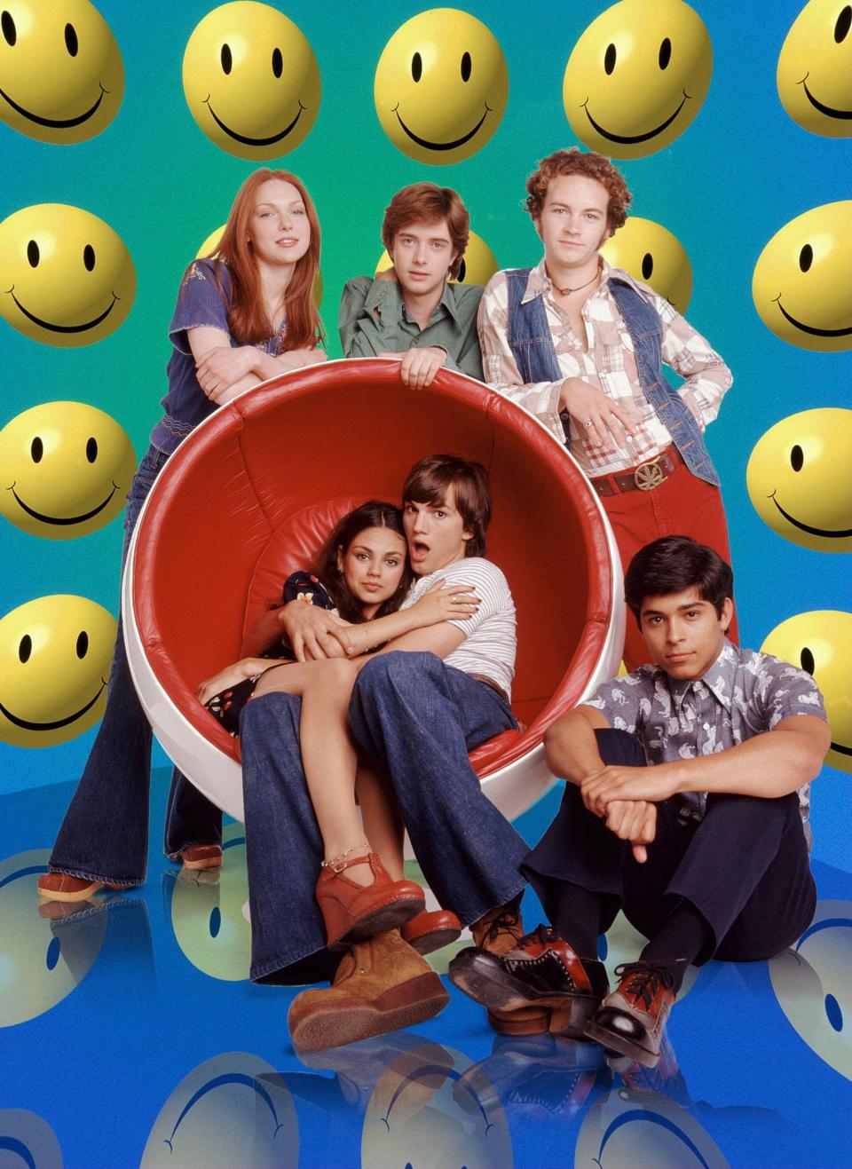 "That '70s Show" followed a group of friends navigating teenage life in Wisconsin. The show starred Laura Prepon (clockwise from back left), Topher Grace, Danny Masterson, Wilmer Valderrama, Ashton Kutcher and Mila Kunis.