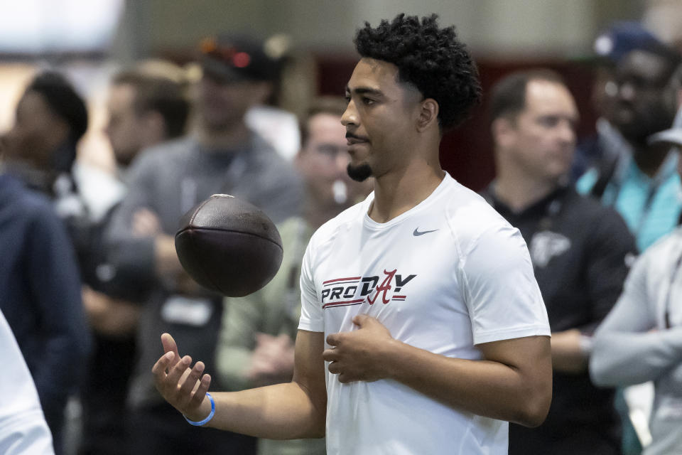 Former Alabama football quarterback Bryce Young works in position drills at Alabama's NFL pro day, Thursday, March 23, 2023, in Tuscaloosa, Ala. (AP Photo/Vasha Hunt)