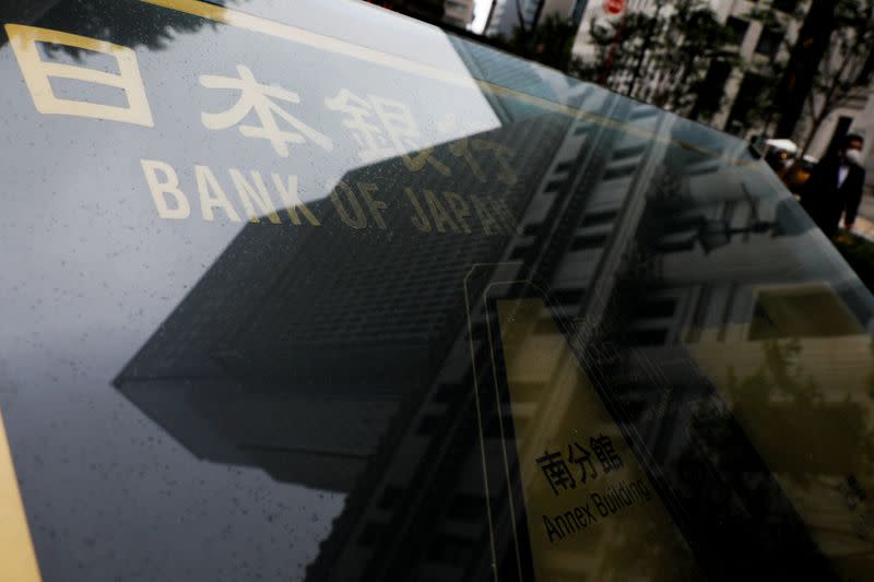 FILE PHOTO: A view of signage outside the headquarters of Bank of Japan amid the coronavirus disease (COVID-19) outbreak in Tokyo