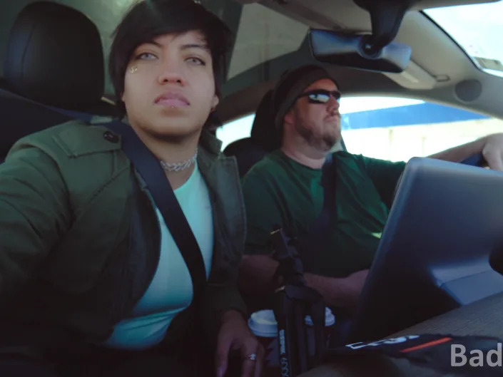 Alice Steavenson and her brother Xaviar in the Tesla.