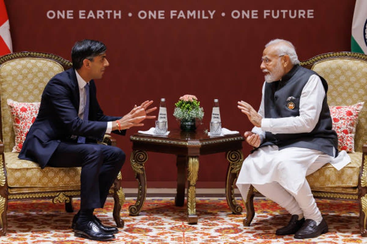 Indian prime minister Narendra Modi of India holds a bilateral meeting with British prime minister Rishi Sunak during the G20 Leaders’ Summit on 9 September 2023 in New Delhi (Getty Images)