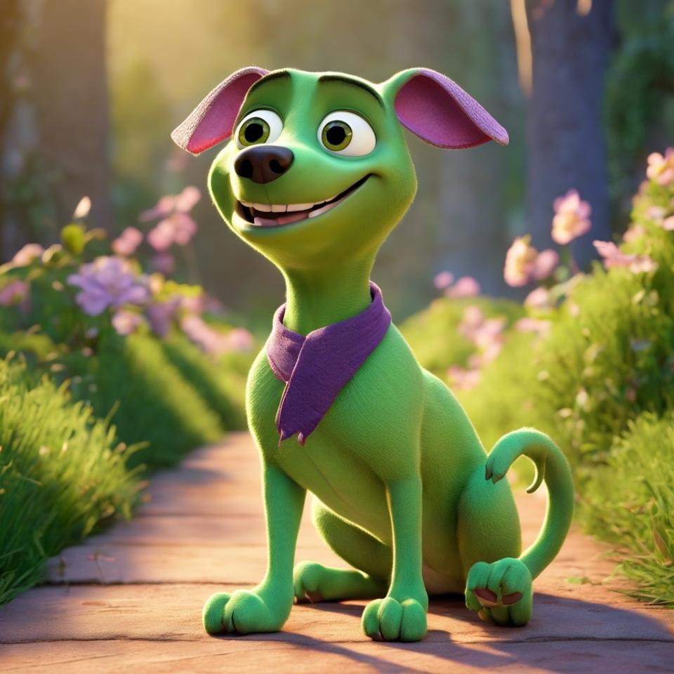 3D AI-generated Pascal from "Tangled" as a green dog with a purple collar, sitting on a path, looking happy