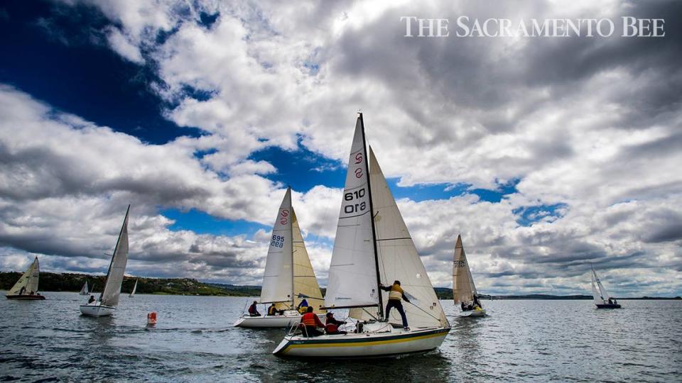 Sailboats in the Santana 20 class race around the marker during the Camellia Cup Regatta on Folsom Lake in 2012. Over 60 sailboats competed in a day of races in the area’s largest sailboat race of the year at the Folsom Lake State Recreation Area.