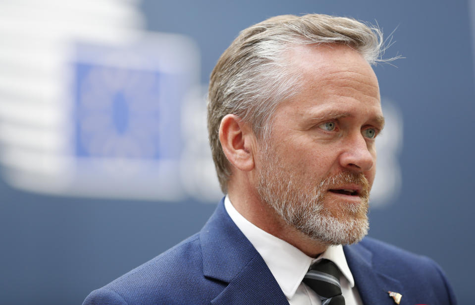 Danish Foreign Minister Anders Samuelsen speaks with the media at the conclusion of an EU-ASEM summit in Brussels, Friday, Oct. 19, 2018. EU leaders met with their Asian counterparts Friday to discuss trade, among other issues. (AP Photo/Alastair Grant)