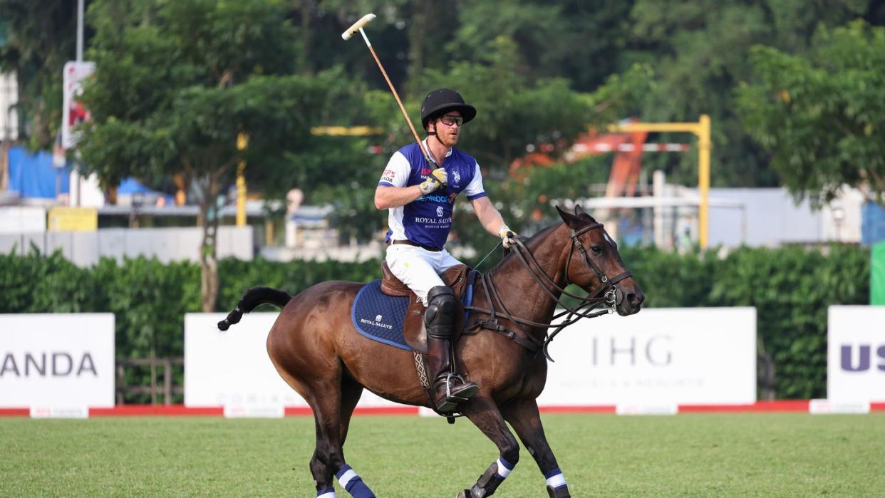singapore, singapore august 12 prince harry, the duke of sussex, co founding patron of sentebale plays polo during the sentebale isps handa polo cup on august 12, 2023 in singapore the annual polo cup has been running since 2010, and to date has raised over £11 million to support sentebales work with children and young people affected by poverty, inequality and hivaids in southern africa photo by matt jelonekgetty images for sentebale