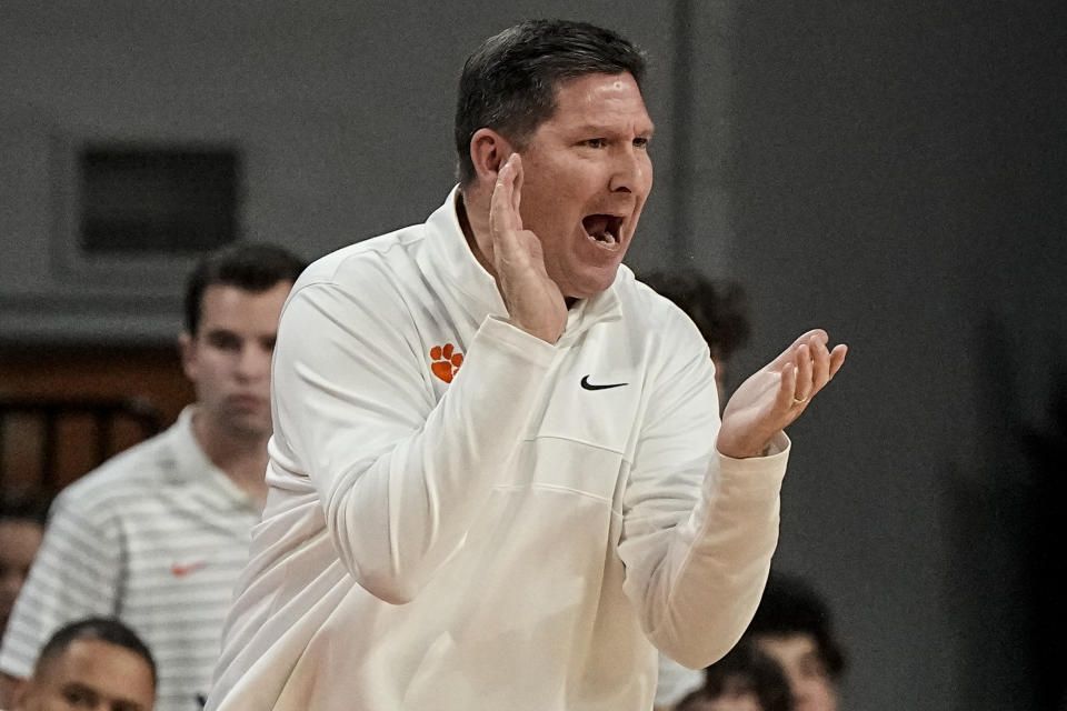 Clemson head coach Brad Brownell speaks during the first half of an NCAA college basketball game against Radford, Friday, Dec. 29, 2023, in Clemson. (AP Photo/Mike Stewart)