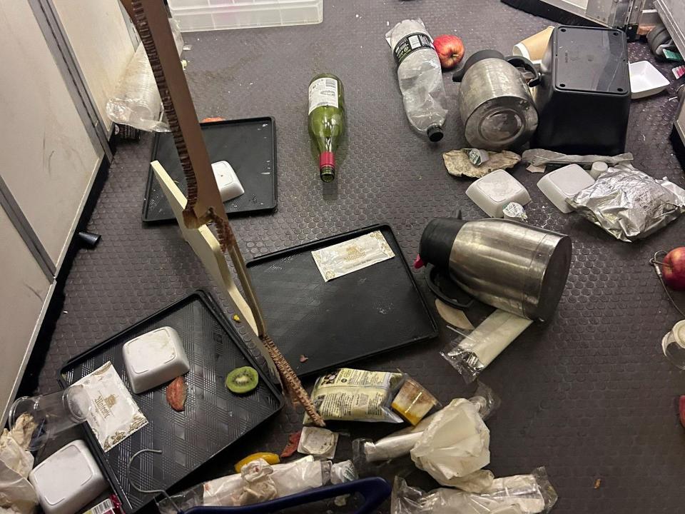 The interior of Singapore Airline flight SQ321 is pictured after an emergency landing at Bangkok's Suvarnabhumi International Airport, Thailand, May 21, 2024.