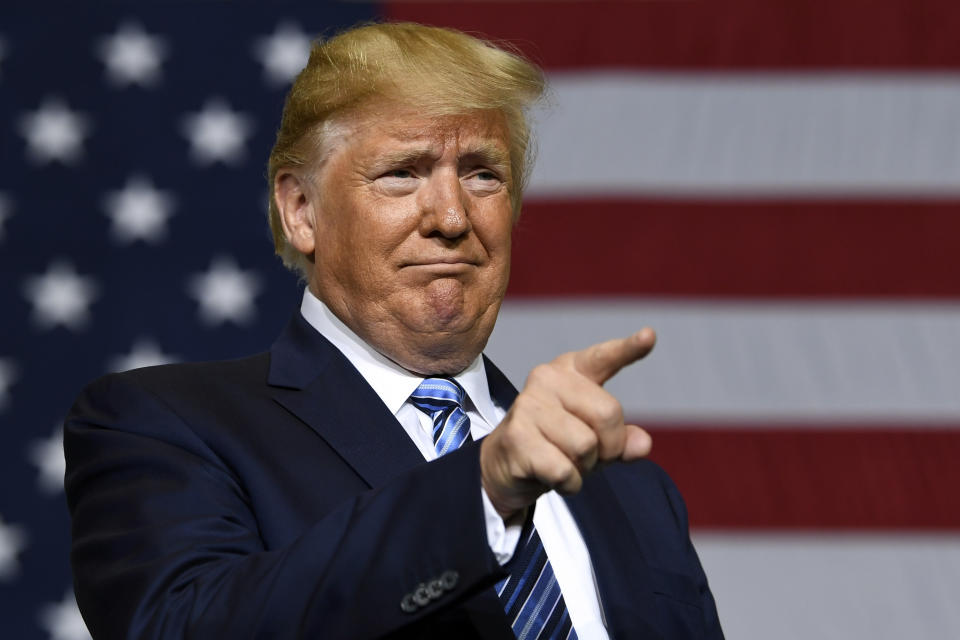 In this Aug. 13, 2019, photo, President Donald Trump arrives to speak in Monaca, Pa. Trump is hoping to woo New Hampshire into his column heading into 2020. The president will visit the state on Thursday to hold a reelection rally. (AP Photo/Susan Walsh)