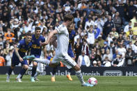 Leeds United's Patrick Bamford misses a penalty shot during the English Premier League soccer match between Leeds United and Newcastle United at Elland Road in Leeds, England, Saturday, May 13, 2023. (AP Photo/Rui Vieira)