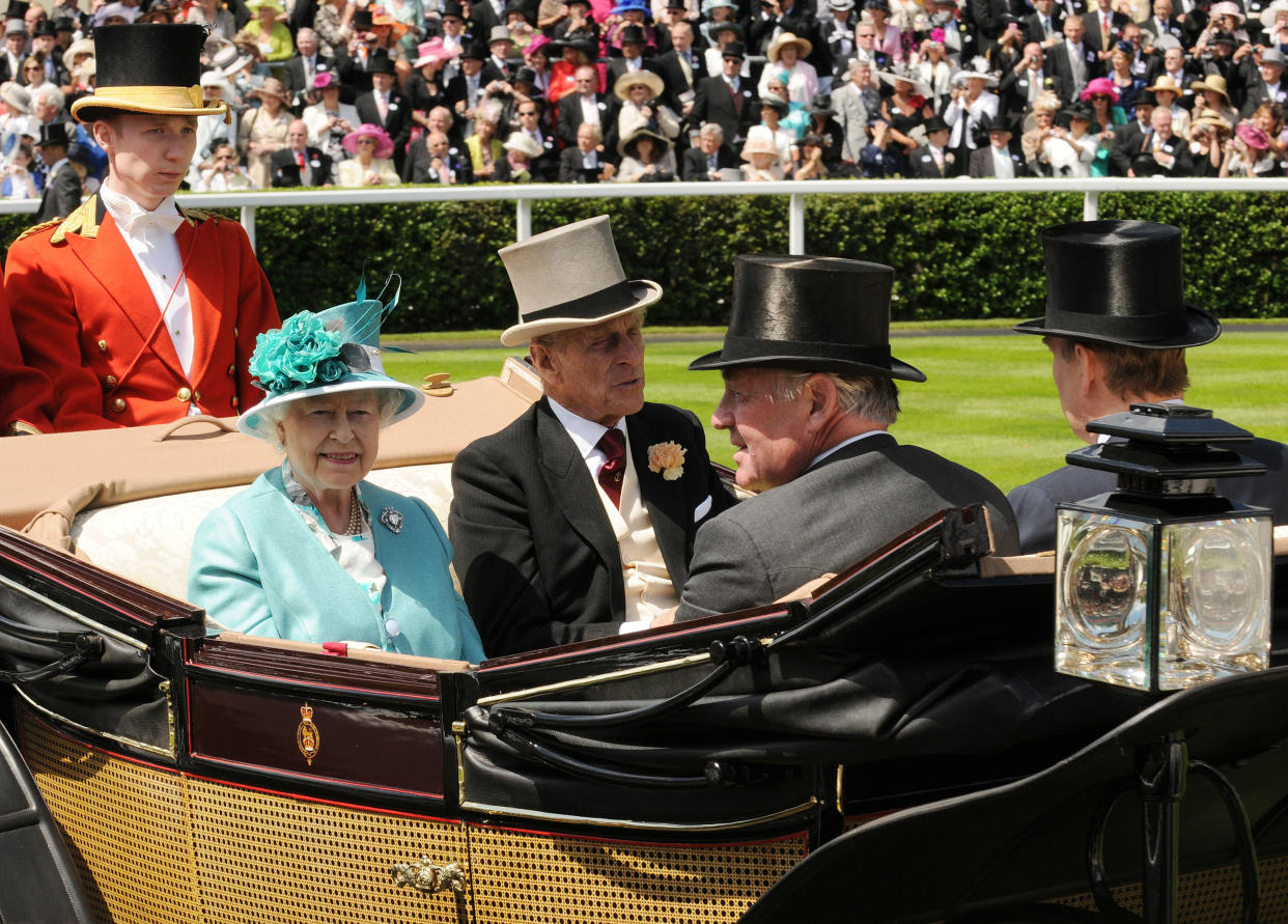 ASCOT, UNITED KINGDOM - JUNE 15: (L-R) Queen Elizabeth II, Prince Philip, Duke of Edinburgh, Samuel Vestey, Master of the Horse and Prince Andrew, Duke of York attend Royal Ascot at Ascot Racecourse on June 15, 2010 in Ascot, England. (Photo by Eamonn McCormack/WireImage)