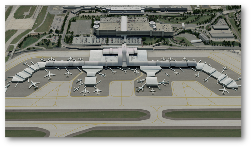 A rendering of an expanded Terminal 2 at Raleigh-Durham International Airport. Before it can add new gates, the airport must finish the new runway it will begin building next year.