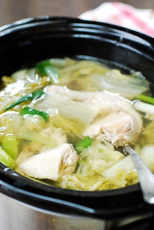 <p>Korean Bapsang</p><p>You can use a whole, cut-up chicken or any combination of chicken cut parts for this soup.</p><p><strong>Get the recipe:</strong> <a href="https://www.koreanbapsang.com/slow-cooker-chicken-soup-with-napa-cabbage" rel="nofollow noopener" target="_blank" data-ylk="slk:Slow Cooker Chicken Soup with Napa Cabbage;elm:context_link;itc:0;sec:content-canvas" class="link ">Slow Cooker Chicken Soup with Napa Cabbage</a></p>