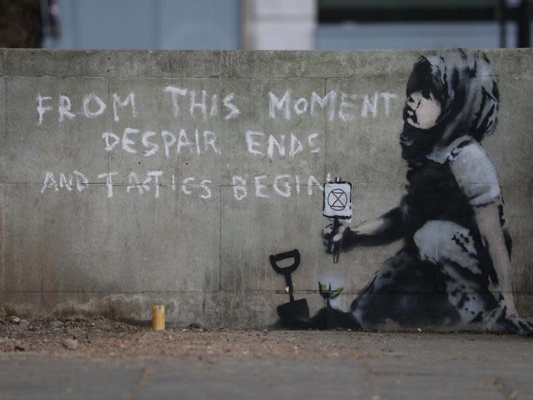 ‘Banksy’ Extinction Rebellion artwork appears at protest site at London’s Marble Arch