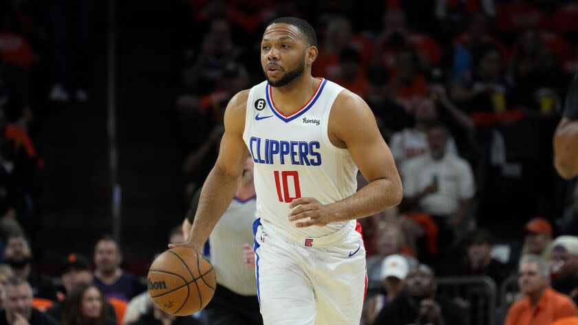 Los Angeles Clippers guard Eric Gordon (10) during Game 5 of a first-round NBA basketball playoff series against the Phoenix Suns, Tuesday, April 25, 2023, in Phoenix. (AP Photo/Matt York)