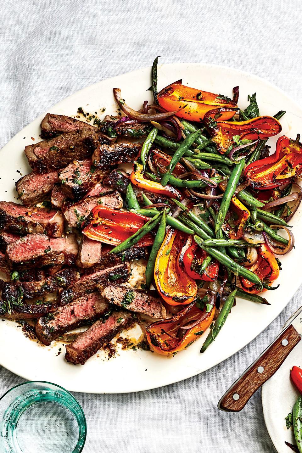 Grilled Steak with Blistered Beans and Peppers