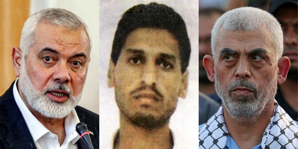 In the frame: (from left) Ismail Haniyeh, head of Hamas’s political bureau, Hamas’s military leader Mohammed Diab Ibrahim al-Masri, and Hamas chief Yahya Sinwar (AFP/HO/AFP/Getty)