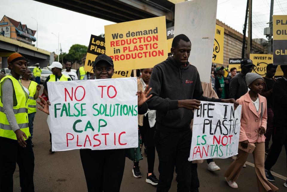 Environment activists demonstrate in Nairobi, Kenya, on Nov. 11, 2023, just before the third round of negotiations on a global plastic pollution treaty. <a href="https://www.gettyimages.com/detail/news-photo/environment-activists-stage-a-demonstration-demanding-news-photo/1775869205" rel="nofollow noopener" target="_blank" data-ylk="slk:Edwin Ndeke/Anadolu via Getty Images;elm:context_link;itc:0;sec:content-canvas" class="link ">Edwin Ndeke/Anadolu via Getty Images</a>