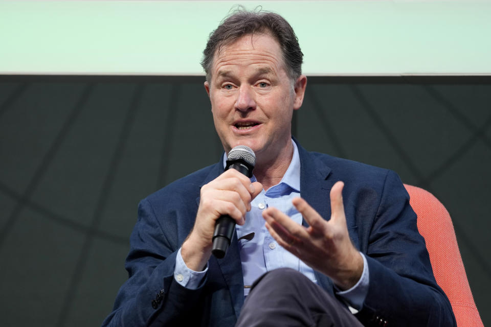 FILE - Nick Clegg, President Global Affairs, speaks at the Meta AI Day in London on April 9, 2024. Meta, Google and OpenAI, along with leading startups, are churning out new AI language models and trying to persuade customers that they've got the smartest or fastest or cheapest chatbot technology. (AP Photo/Kirsty Wigglesworth)