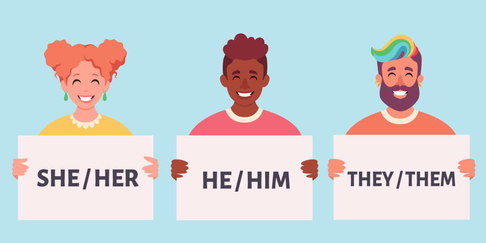 A graphic of three people with their pronouns on a sign they're holding