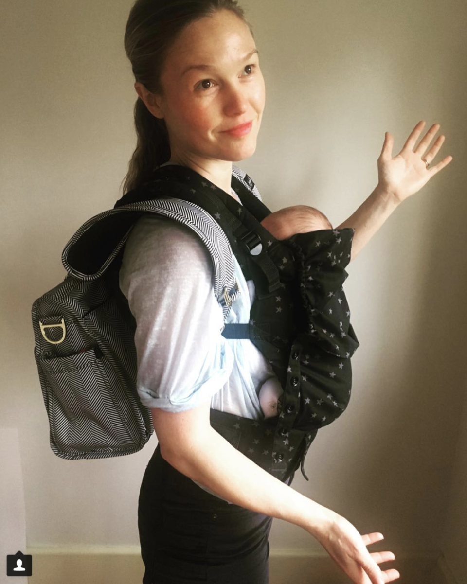 <p>“I haven’t worn a backpack since middle school,” the new mom wrote, as she showed off a cuddled-up Strummer Newcomb, just 5 weeks old, in a baby carrier. “Now I have a front pack,” she mused. (Photo: <a rel="nofollow noopener" href="https://www.instagram.com/p/BcDn9u3B1pc/?taken-by=missjuliastiles" target="_blank" data-ylk="slk:Julia Stiles via Instagram;elm:context_link;itc:0;sec:content-canvas" class="link ">Julia Stiles via Instagram</a>) </p>