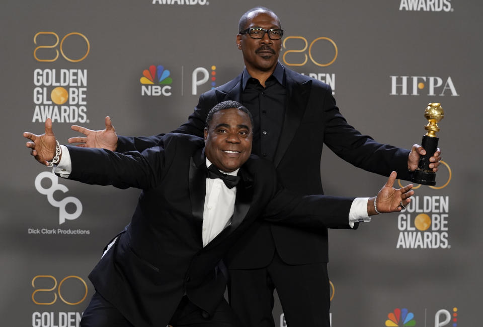 Tracy Morgan, left, poses with Eddie Murphy, recipient of the Cecil B. DeMille award, at the 80th annual Golden Globe Awards at the Beverly Hilton Hotel on Tuesday, Jan. 10, 2023, in Beverly Hills, Calif. (Photo by Chris Pizzello/Invision/AP)