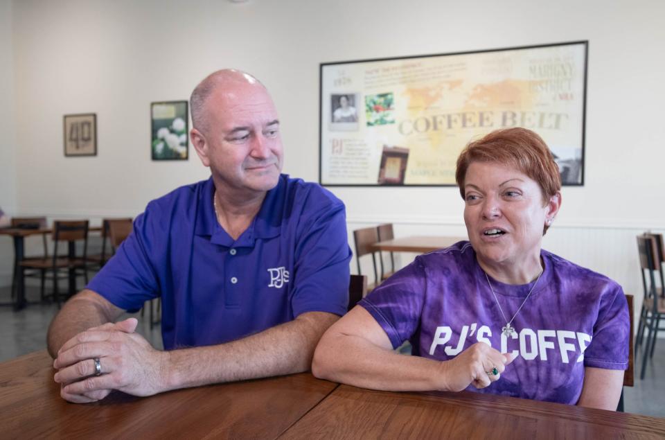 Owners Don and Michele Carlton talk about opening the PJ's Coffee of New Orleans at 85 West Airport Boulevard in Pensacola on Thursday, Aug. 24, 2023.