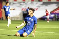 Chelsea's Christian Pulisic celebrates after scoring the opening goal during the FA Cup final soccer match between Arsenal and Chelsea at Wembley stadium in London, England, Saturday, Aug. 1, 2020. (Adam Davy/Pool via AP)