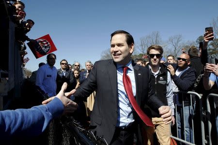 Republican presidential candidate Marco Rubio greets supporters after a rally at Mount Paran Christian school in Kennesaw, Georgia February 27, 2016. REUTERS/Tami Chappell