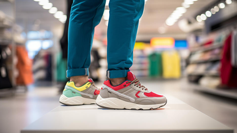 A customer trying on a pair of trendy everyday sneakers in a retail store.