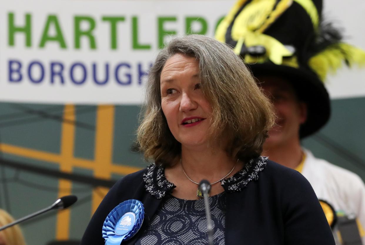 Jill Mortimer of the Conservative Party delivers a victory speech at Mill House Leisure Centre in Hartlepool as results are announced (REUTERS)