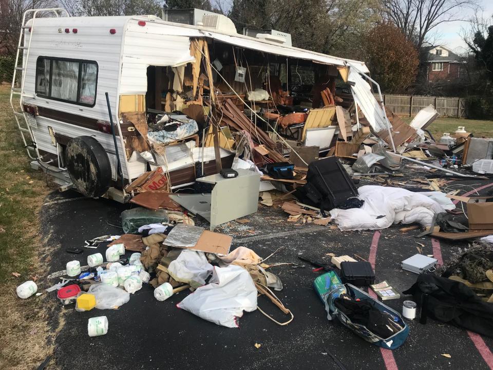 <br>Michael Brown says he hid out in this destroyed RV as law enforcement searched it during a manhunt after he went on the run.