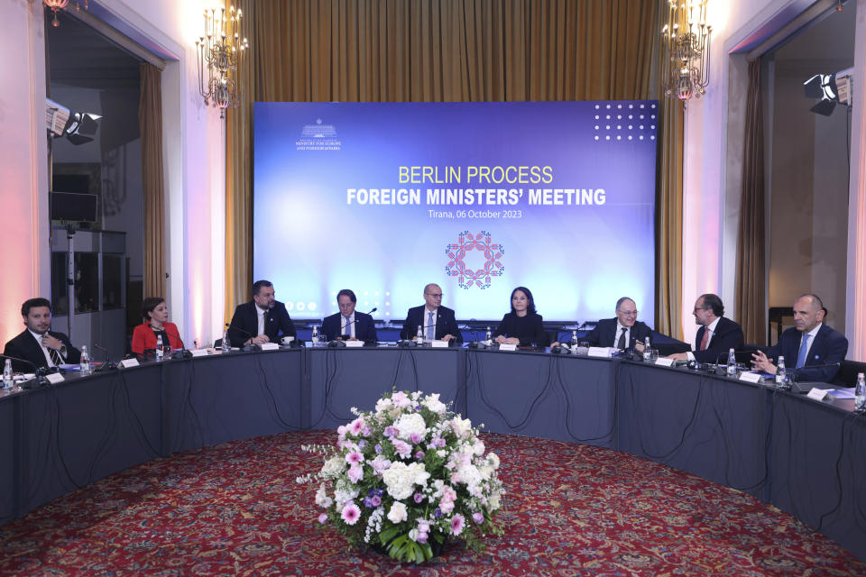 Foreign Ministers and other officials take part in a summit in Tirana, Albania, Friday, Oct. 6, 2023. Foreign Ministers of the Western Balkans and the European Union member countries in the Berlin process, trying to raise up regional cooperation in their march toward becoming block members in the future, convene in Tirana to prepare the summit which is held in a non-EU member country. (AP Photo/Franc Zhurda)