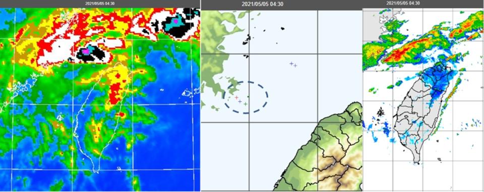 今晨紅外線色調強化雲圖（左圖）及閃電偵測圖（中圖）顯示，鋒面雲系挾帶雷雨胞在台灣海峽及北部海面發展，西北部沿海另有零星對流消長，影響今天天氣。