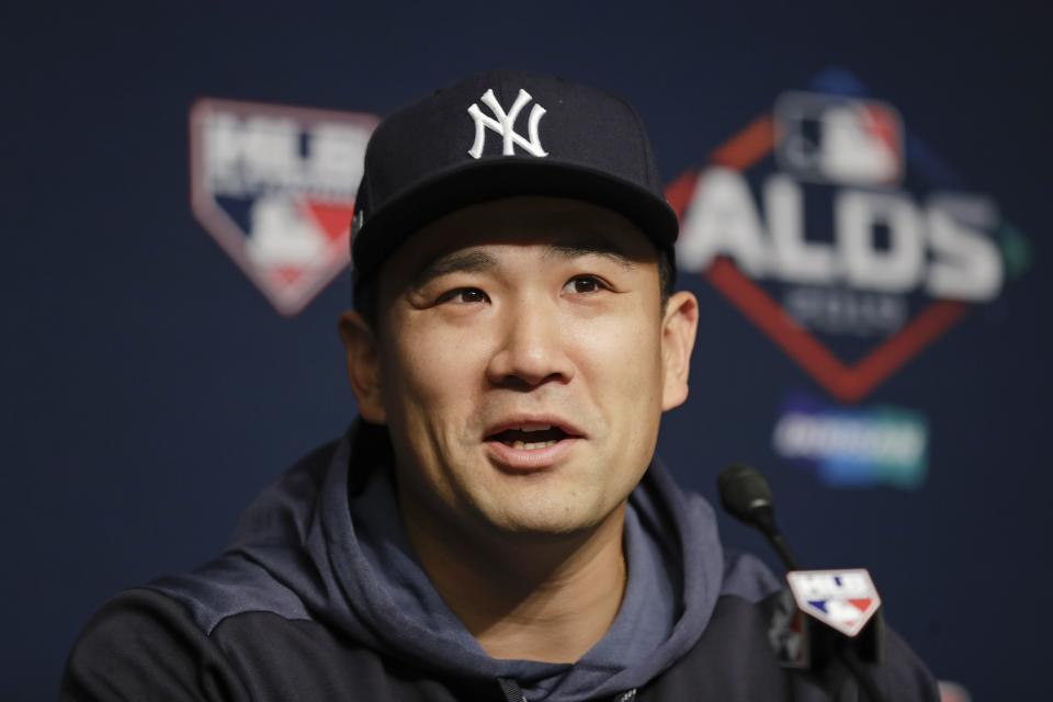 New York Yankees starting pitcher Masahiro Tanaka, of Japan, speaks during a news conference before Game 1 of an American League Division Series against the Minnesota Twins Friday, Oct. 4, 2019, at Yankee Stadium in New York. (AP Photo/Frank Franklin II)