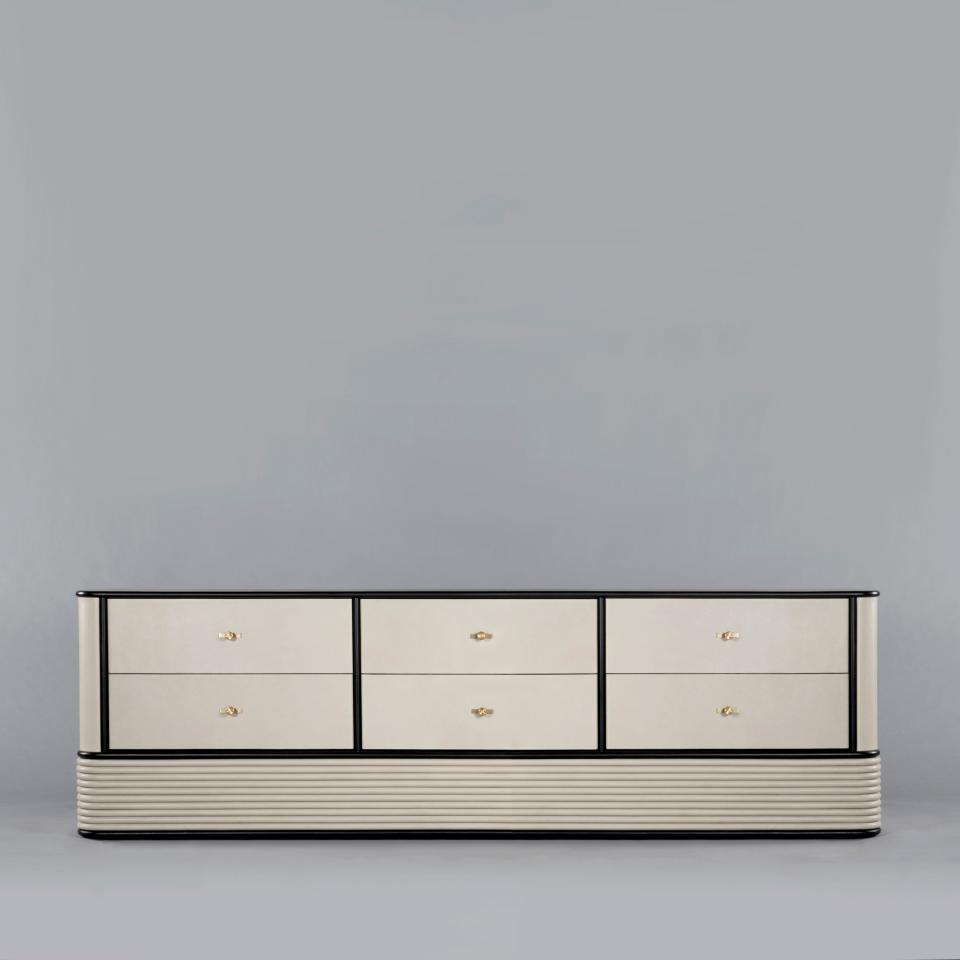 Switch Sideboard, in leather, walnut, and black oak by VIDIVIXI.