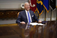 President Joe Biden congratulates NASA's Jet Propulsion Laboratory Mars 2020 Perseverance team for successfully landing on Mars during a virtual call in the Roosevelt Room at the White House, Thursday, March 4, 2021. (AP Photo/Andrew Harnik)