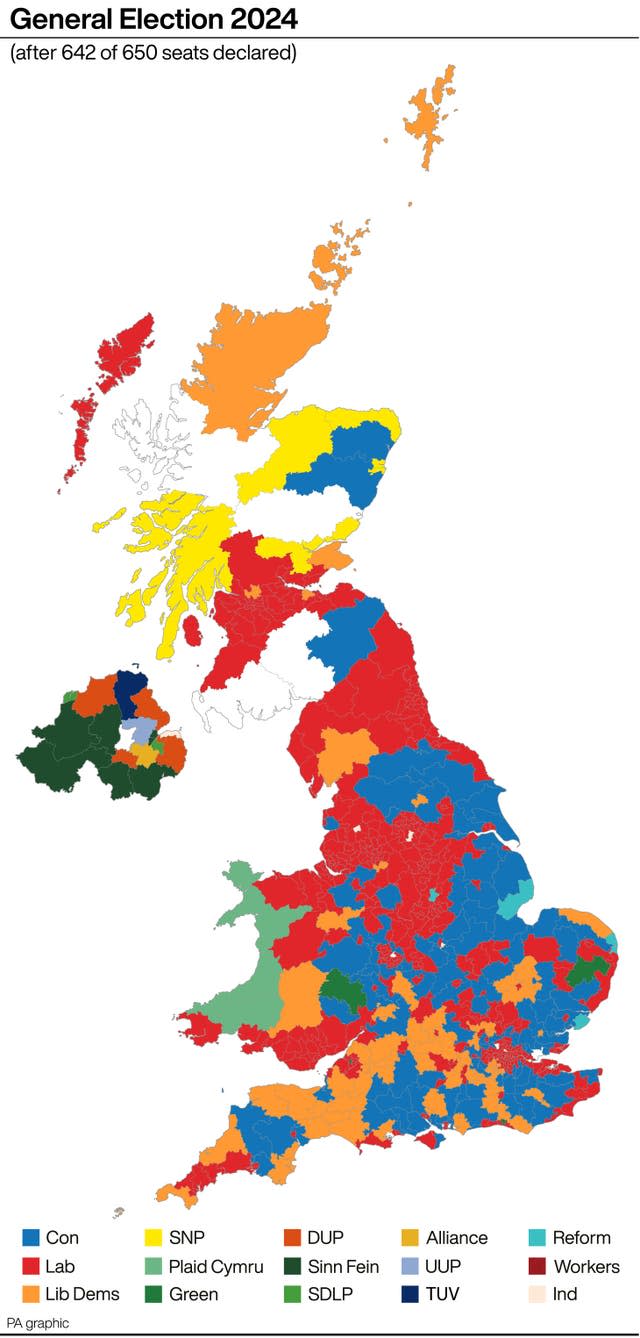 Coloured map of Britain showing party wins in seats