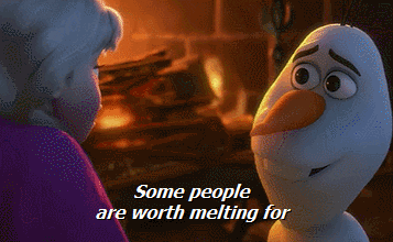 Elsa from Frozen listens as Olaf says, "Some people are worth melting for," in a heartfelt scene