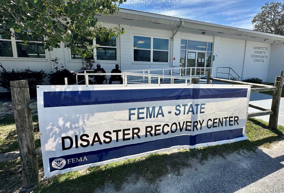 A steady flow of residents filled out FEMA forms Sept. 5, 2023, at the Lafayette County Community Center in Mayo, Florida.
