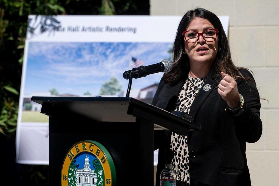 California State Assemblymember Esmeralda Soria, D-Merced, speaks during a groundbreaking ceremony for a project that calls for renovations to Del Hale Hall and the relocation of the Dos Palos branch of the Merced County Library at O’Banion Park in Dos Palos, Calif., on Wednesday, Aug. 2, 2023.