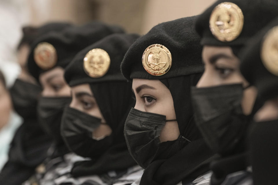 Saudi policewomen attend the Hajj security press conference at 911 headquarters in Mecca, Saudi Arabia, Friday, June 23, 2023. Muslim pilgrims are converging on Saudi Arabia's holy city of Mecca for the largest hajj since the coronavirus pandemic severely curtailed access to one of Islam's five pillars. (AP Photo/Amr Nabil)