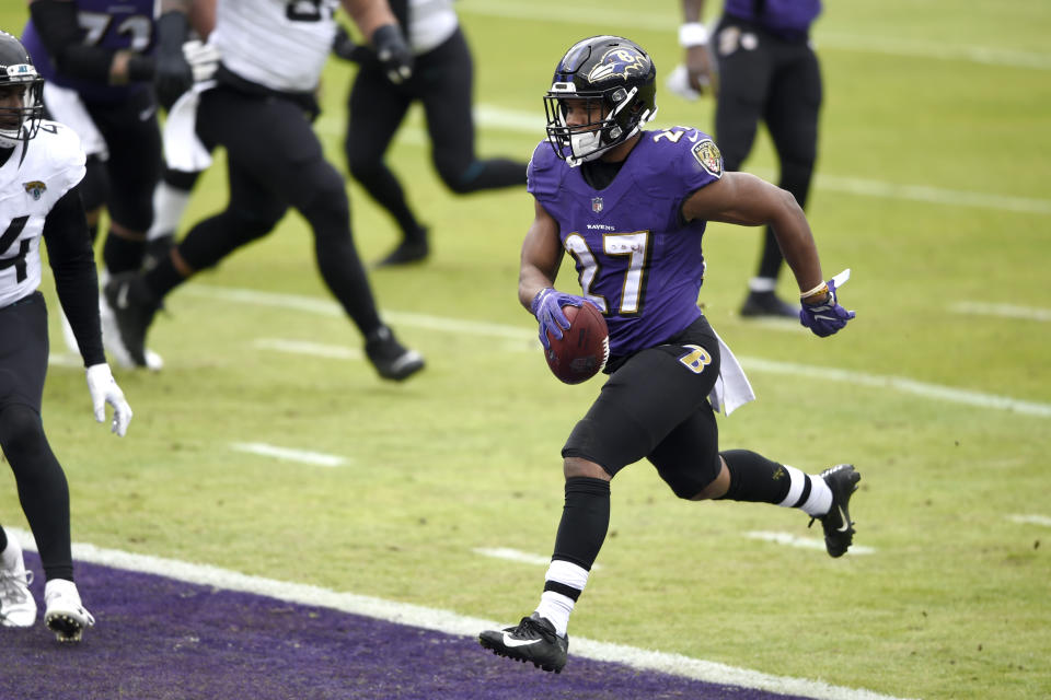 Baltimore Ravens running back J.K. Dobbins scores a touchdown on a run against the Jacksonville Jaguars during the first half of an NFL football game, Sunday, Dec. 20, 2020, in Baltimore. (AP Photo/Gail Burton)