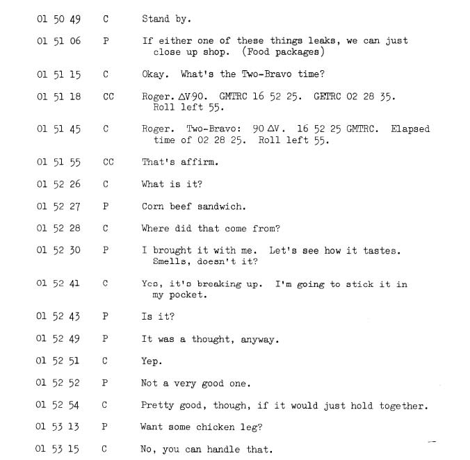 transcript of Gemini 3 mission between Gus Grissom and John Young about the smuggled corned beef sandwich.