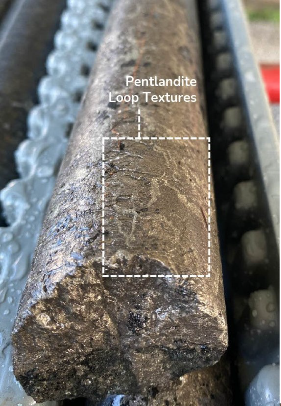 Drill core from the deepest intercept to date in the VB Zone (hole VB-25 at ~319 meters) highlighting loop textured pentlandite in (a) and high-grade massive sulphide intervals within the zone (b).