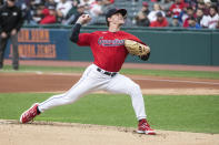 Cleveland Guardians starting pitcher Zach Plesac delivers against the Kansas City Royals during the first inning of a baseball game in Cleveland, Saturday, Oct. 1, 2022. (AP Photo/Phil Long)