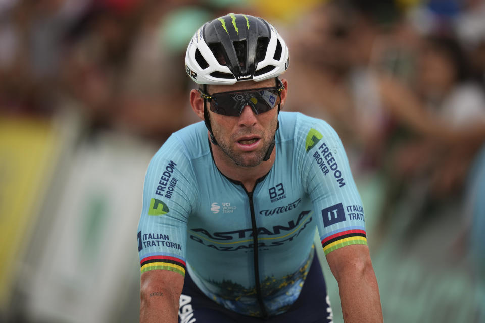 Britain's Mark Cavendish crosses the finish with a considerable delay in the first stage of the Tour de France cycling race over 206 kilometers (128 miles) with start in Florence and finish in Rimini, Italy, Saturday, June 29, 2024. (AP Photo/Daniel Cole)