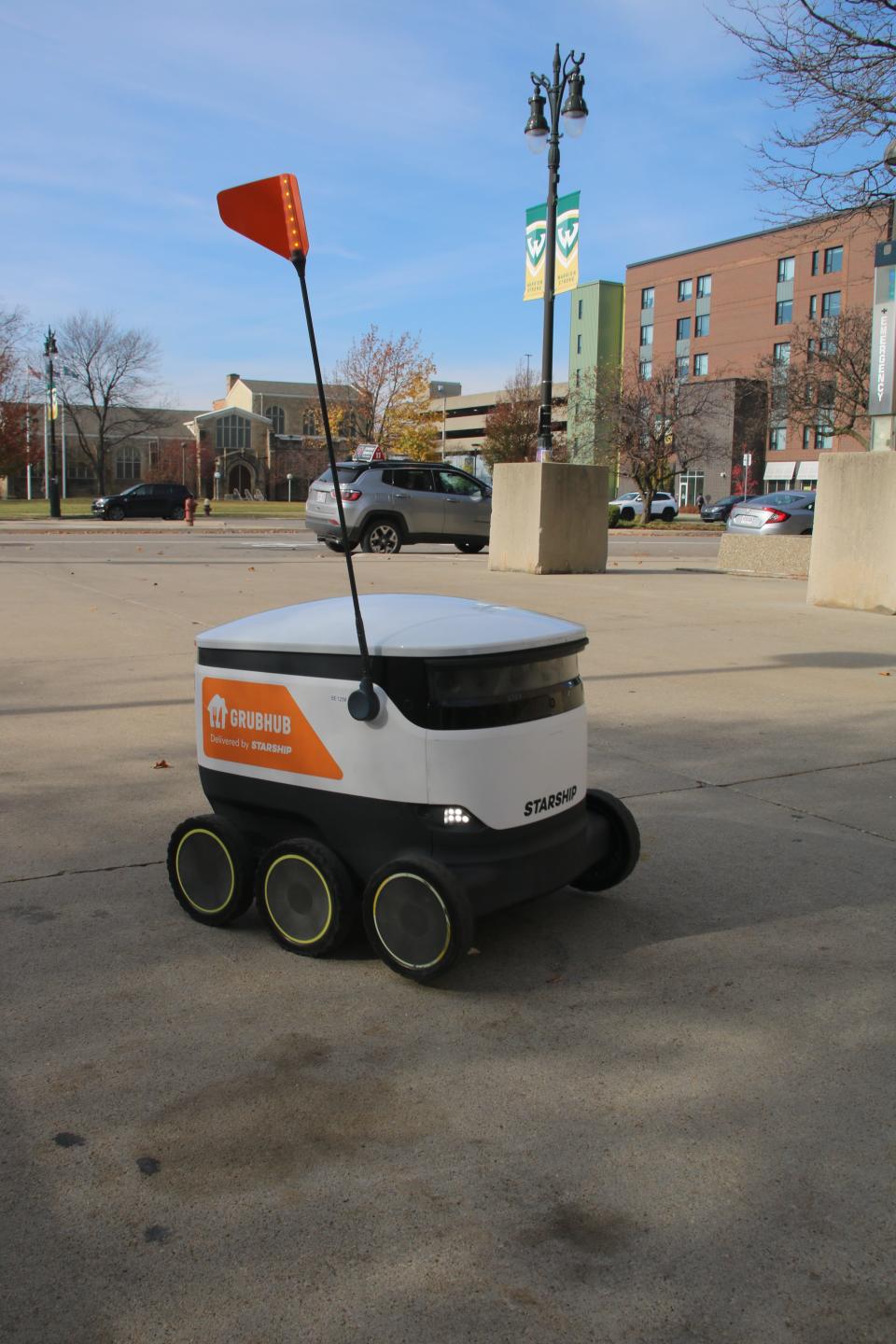 A partnership with Starship Technologies allows Wayne State University students and faculty members to have food orders placed via the GrubHub app delivered by an autonomous robot anywhere on campus.