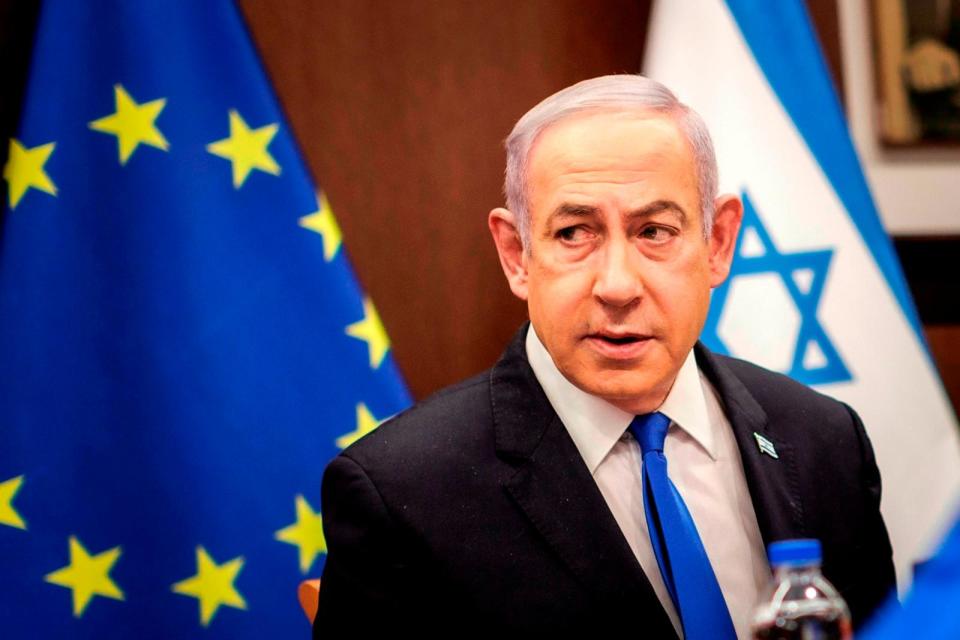 PHOTO: In this April 17, 2024, file photo, Benjamin Netanyahu, Prime Minister of the State of Israel, speaks in Jerusalem. (Kira Hofmann/picture alliance via photothek.de via Newscom, FILE)
