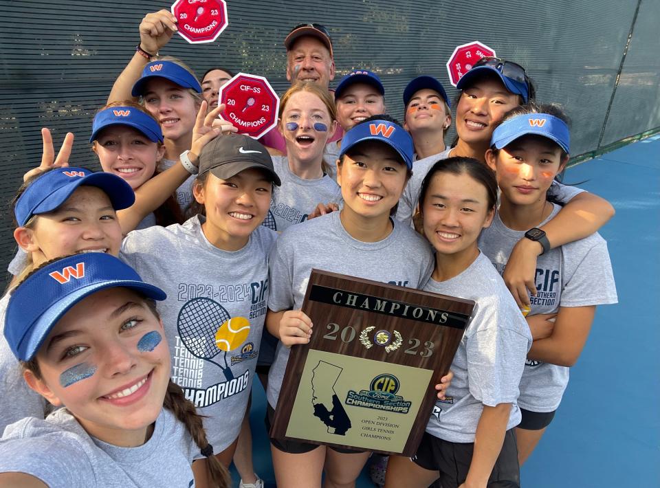 Westlake High girls tennis team with CIF-SS championship plaque and patches