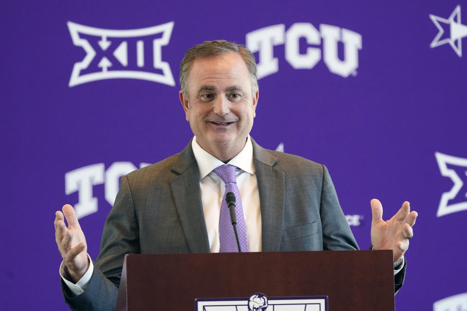 FILE - New TCU NCAA college football head coach Sonny Dykes speaks during an introductory news conference in Fort Worth, Texas, Tuesday, Nov. 30, 2021. The Big 12 will begin its 27th season this week with some uncertainty of what will stand out offensively since there are three new head coaches and plenty of different skill players. (AP Photo/LM Otero, File)